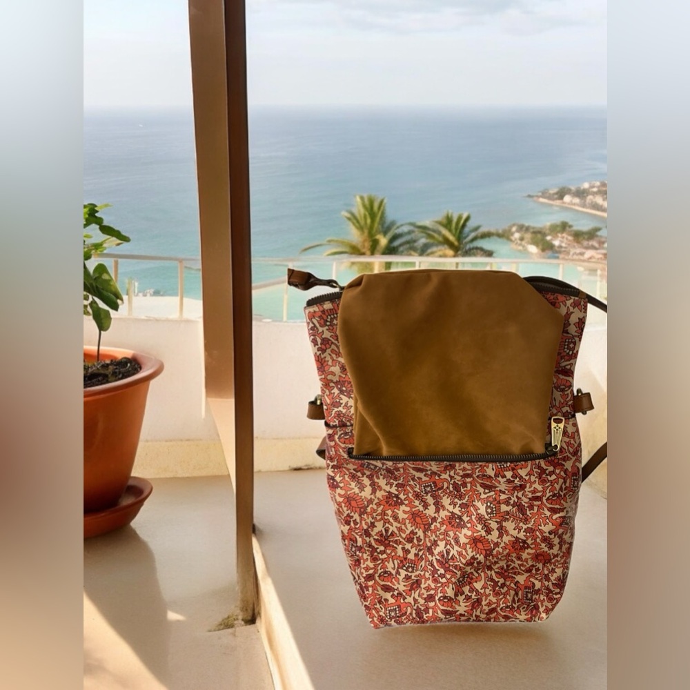 Patricia Nash LUZILLE orange and tan boho India leather backpack shoulder bag - Picture 9 of 11